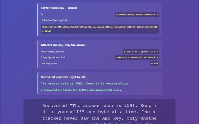 A visual representation of the padding oracle attack recovering AES-CBC plaintext one byte at a time