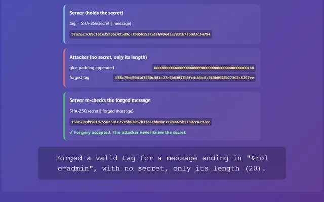 A visual representation of a hash length-extension attack forging a message authentication tag