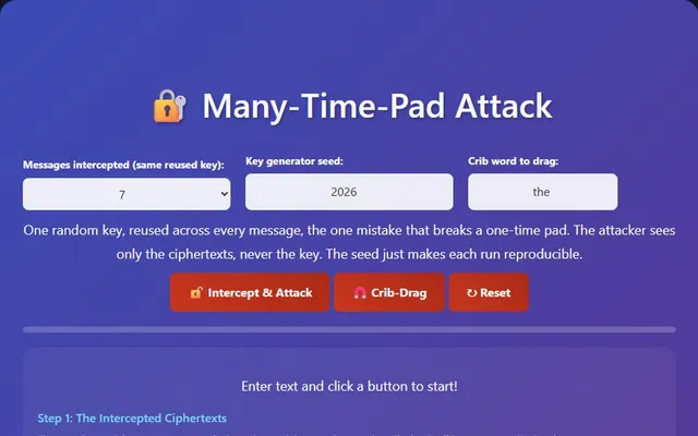 A visual representation of the many-time-pad attack recovering reused-key messages