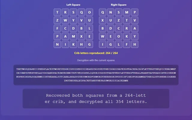 A visual representation of the two-square cipher breaker recovering two key squares from a crib